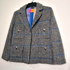 Designer Vilagallo Grey and Blue Plaid Tweed Fashion Blazer Coat Silver Buttons